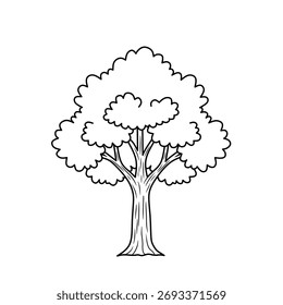 Black and white line art of a tree with leaves and trunk. Suitable for coloring pages, botanical studies, educational materials, and eco-themed graphic designs