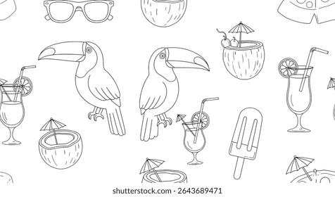 Linha preta e branca de elementos tropicais: tucanos, cocos, coquetéis, óculos de sol e um picolé, dispostos em um padrão sem costura.