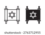 Black and white line art of two torah scrolls featuring the star of david.