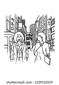 black and white line art of two women walking