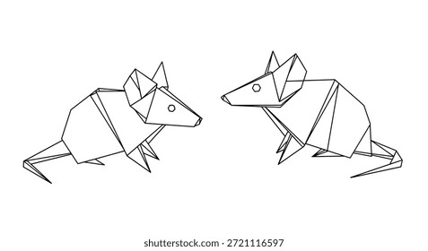 Arte de línea en blanco y negro de dos ratones de origami geométricos enfrentados en un estilo de ilustración artesanal plegable de papel creativo.