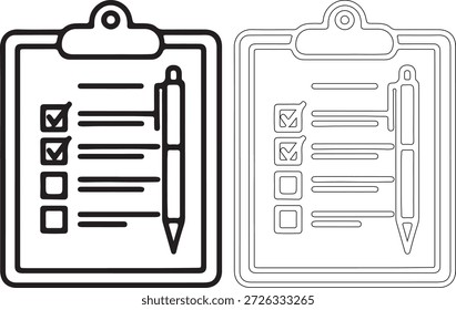 Arte de línea en blanco y negro de dos Portapapeles con listas de verificación y lápices, uno rellenado y otro delineado, sobre un fondo blanco puro