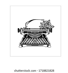black and white line art of type machine vintage