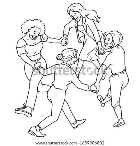 Black and white line art of various women holding hand, joining together dance in circle, in concept of International Women's day, 8 March. Outline, line, linear, flat design, simple style.