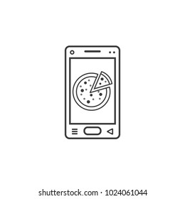 Black and white line art vector icon of smartphone with pizza on screen