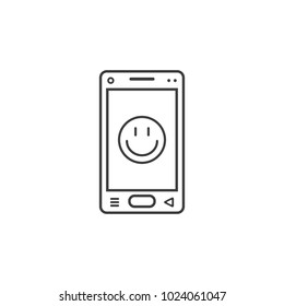 Black and white line art vector icon of smartphone with smile sign