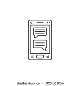 Black and white line art vector icon of smartphone with messages sign