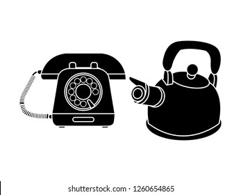 black and white line art, vector illustration of telephone silhouette and teapot