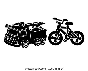 black and white line art, vector illustration of the silhouette of fire trucks and bicycles