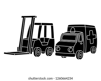 black and white line art, a vector illustration of a forklift and ambulance silhouette