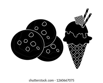 black and white line art, vector illustration of silhouette cake and ice cream