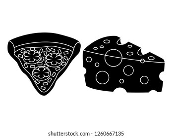 black and white line art, vector illustration of a pizza and cheese silhouette