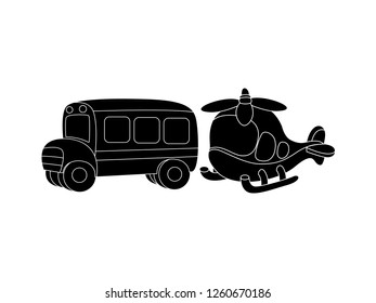 black and white line art, vector illustration of school bus and helicopter silhouettes