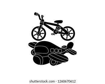 black and white line art, vector illustration of bicycle and airplane silhouettes