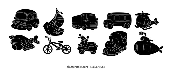 black and white line art, vector illustration of transportation silhouettes