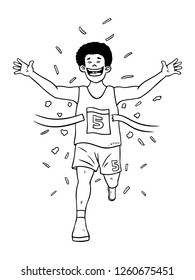 black and white line art, vector illustration of men winning the race