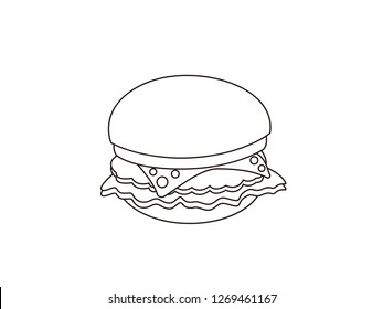 black and white line art, vector cartoon burger