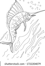 Black and white line art vector illustration. Can be used for adult coloring book. Swordfish.