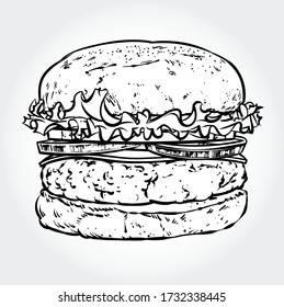 Schwarz-Weiß-Kunst-Vektorgrafik eines köstlichen Burgers, Hamburgers oder Käseeburgers isoliert auf weißem Hintergrund.