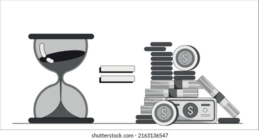 Black and white line art vector illustration depicting concept of Time equals to money 