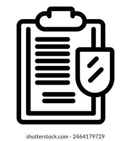 Black and white line art vector icon representing a clipboard with a checklist and a pen attached