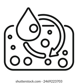 Vector de líneas en blanco y negro de un diagrama de ciclo de agua simplificado con flechas y gota de lluvia