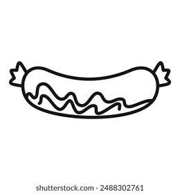 Black and white line art vector illustration of a classic hot dog with condiments