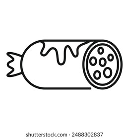 Black and white line art vector of a whole salami sausage with slices