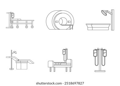 Black and white line art vector illustration of medical devices or equipment in hospitals. Health and medical illustration or icons