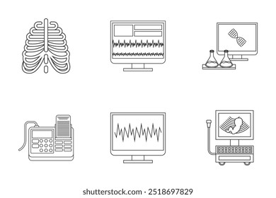 Black and white line art vector illustration of medical devices or equipment in hospitals. Health and medical illustration or icons