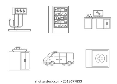 Black and white line art vector illustration of medical devices or equipment in hospitals. Health and medical illustration or icons