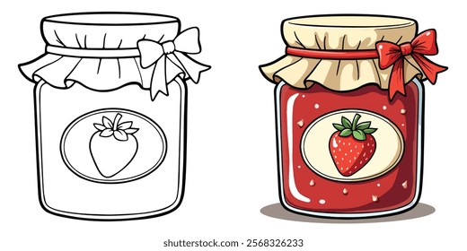 Black and White Line Art Vector Illustration of Strawberry Jam Jar. Food and Drink Coloring Pages for Adults and Kids.