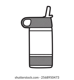 black and white line art, vector, small water bottle with straw sticking out