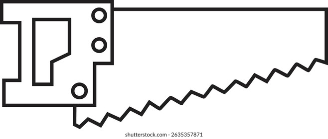 Black and White Line Art Vector of Hand Saw Tool with Jagged Blade for Carpentry, Construction, and Woodworking Projects