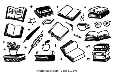 Ilustración vectorial de arte de línea en blanco y negro con libros y objetos de lectura
