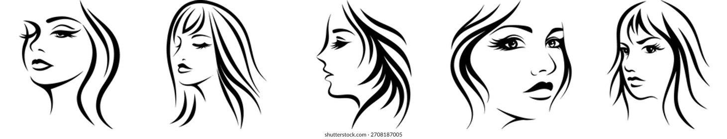 Black and white line art vector illustration of women faces design