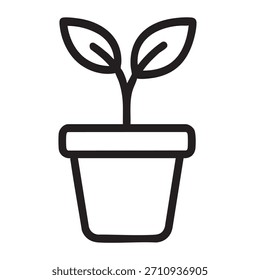 Ilustración vectorial de arte de línea en blanco y negro de una planta joven en una maceta. Cultivar plántulas en una maceta.