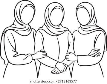  A black and white line art vector of three women in hijabs