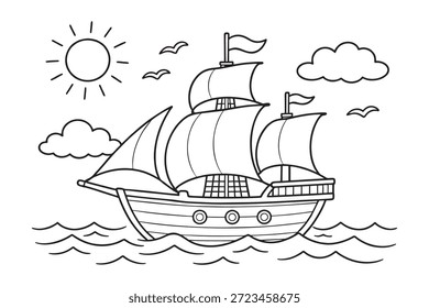 Black and white line art vector illustration of a sailing ship on the sea with sun, clouds, and birds, suitable for coloring book and nautical themes.