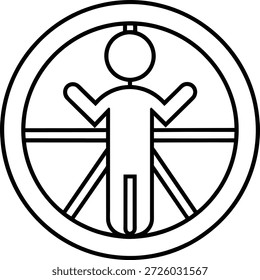 Schwarz-weiße Linie künstlerische Vektorgrafik des Vitruvianischen Mannes, ein klassisches Renaissancesymbol menschlichen Proportionals. Ideal für Lehrmaterialien, Kunstprojekte, Gestaltungselemente oder historische Inhalte. Nutzung für Websites, soziale Medien oder Werbung.
