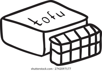 Black and white line art vector illustration of tofu block and slices with text, plant based protein