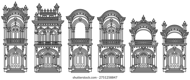 Black and white line art vector construction kit of colonial architecture. Set of isolated architectural elements, ornate windows, doors and facades. Coloring book page architectural details.