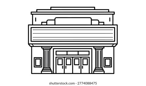 Black and white line art vector illustration of a cinema theater facade