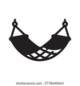 Black and white line art vector illustration of a hammock suspended between two wooden posts with rope.