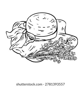 Black and white line art vector of a straw hat with ribbon bow and lavender bouquet on the brim. Minimalist illustration for Provence branding, cosmetic label and summer print