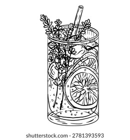 Black and white line art vector of a highball glass with lavender lemonade, lemon slices, ice cubes and straw. Minimalist drink illustration for bar menu, cocktail card and logo