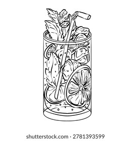Black and white line art vector of a mojito cocktail in highball glass with mint leaves, lime slices, ice cubes, bubbles and straw. Minimalist drink illustration for bar menu and card