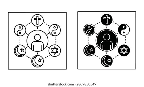 Black and white line art vector illustration of numbered and symbol dice faces in a grid layout.