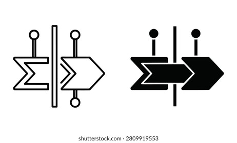 Black and white line art vector illustration of road intersection signs showing merging and crossing traffic directions.