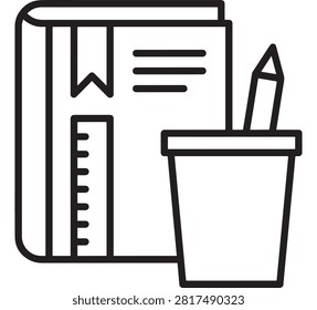 Black and White Line Art Vector Illustration Icon of a Library Book and Pencil Beside a Clipboard Style Document Page